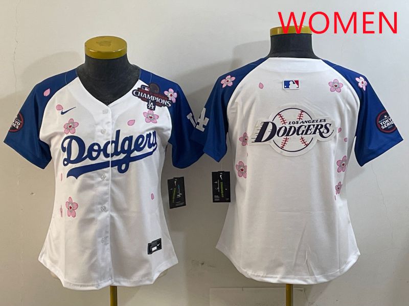 Women Los Angeles Dodgers Blank White Blue Sakura Edition 2025 Nike MLB Jersey style 25->women mlb jersey->Women Jersey